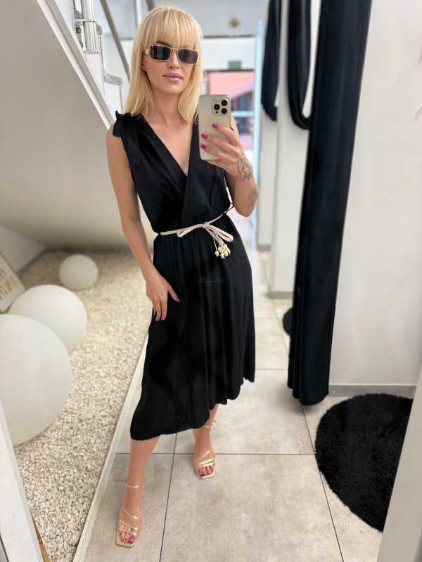 NB581 Sukienka z Wiskozy Kokardki Czarna