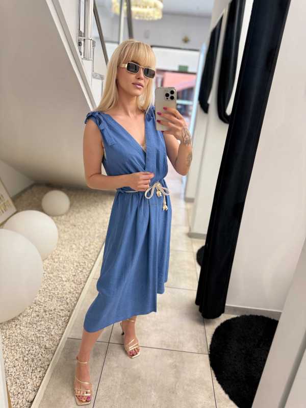 NB581 Sukienka z Wiskozy Kokardki Niebieska