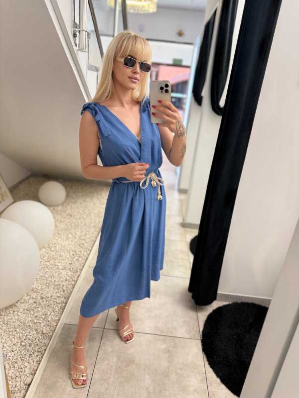 NB581 Sukienka z Wiskozy Kokardki Niebieska