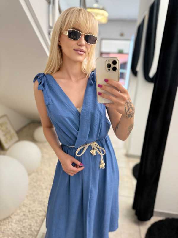 NB581 Sukienka z Wiskozy Kokardki Niebieska