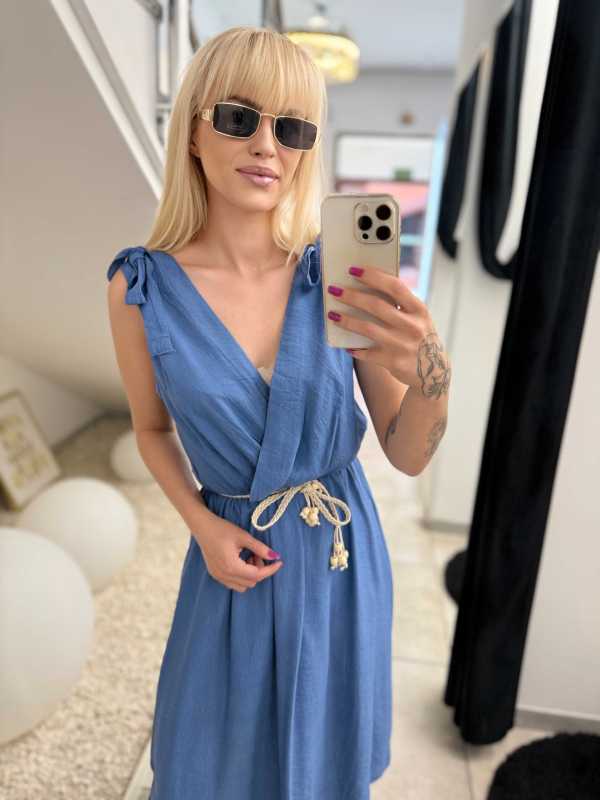 NB581 Sukienka z Wiskozy Kokardki Niebieska