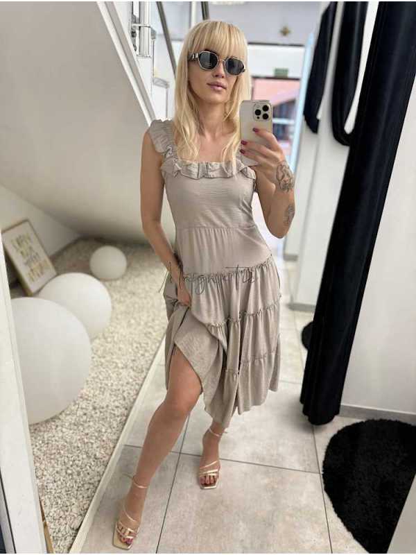 NB625 Sukienka Hiszpanka z Wiskozy Beżowo-Szara