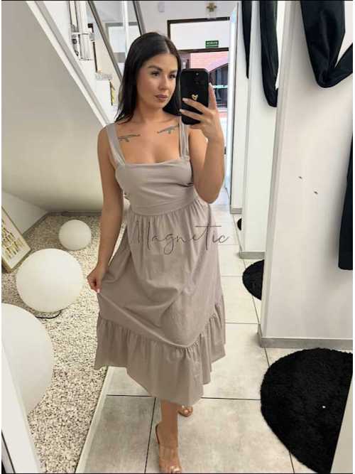 NB597 Sukienka z Bawełny Wiązana z Tyłu Ciemny Beż