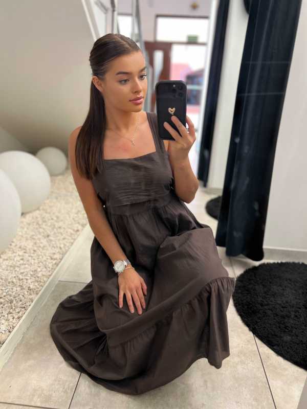 NB597 Sukienka z Bawełny Wiązana z Tyłu Czekolada