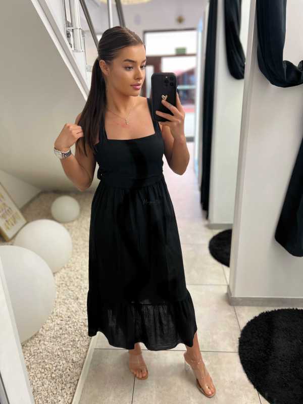 NB597 Sukienka z Bawełny Wiązana z Tyłu Czarna