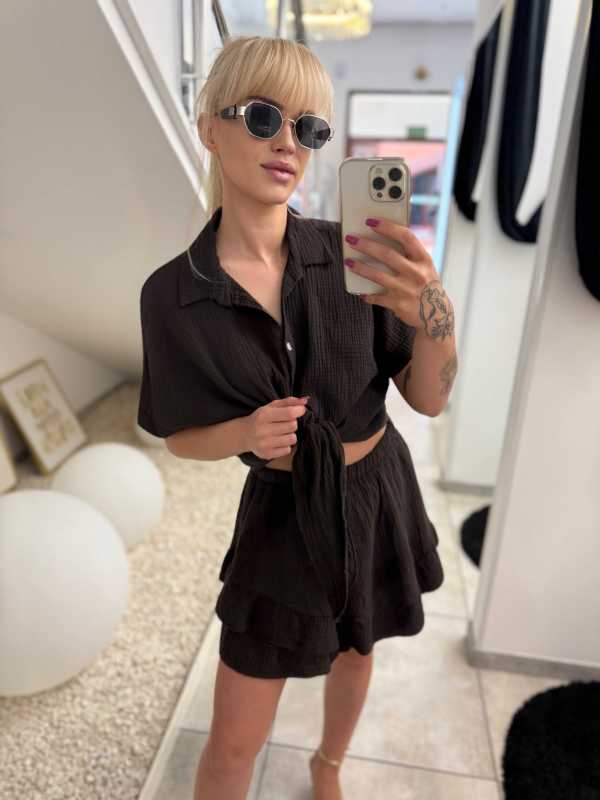 CH643 Komplet z Muślinu Koszula + Spódnico-Spodenki Czekolada