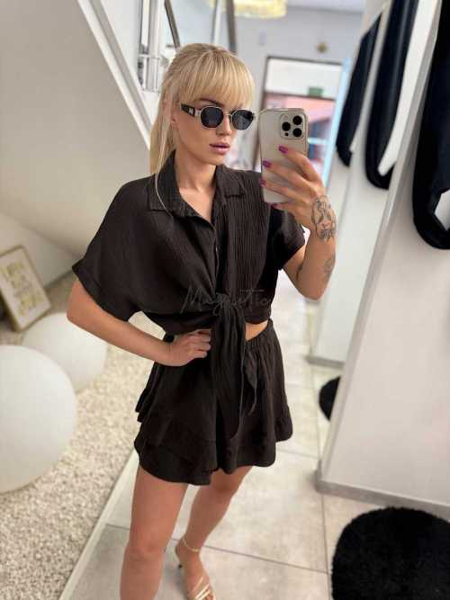 CH643 Komplet z Muślinu Koszula + Spódnico-Spodenki Czekolada