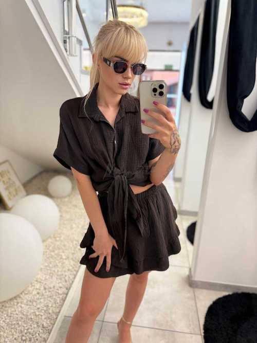 CH643 Komplet z Muślinu Koszula + Spódnico-Spodenki Czekolada