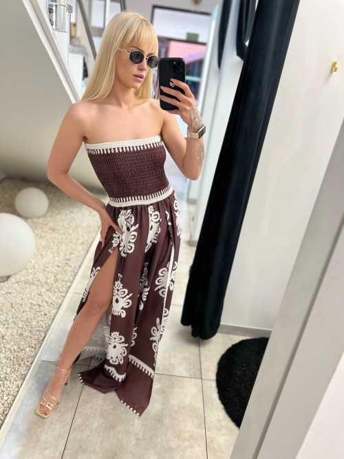 NB622 Kombinezon Tuba Wzory Rozcięta Nogawka Brązowo-Biały