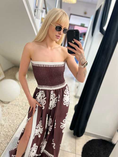 NB622 Kombinezon Tuba Wzory Rozcięta Nogawka Brązowo-Biały