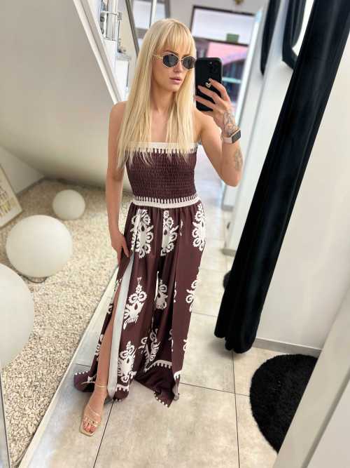 NB622 Kombinezon Tuba Wzory Rozcięta Nogawka Brązowo-Biały