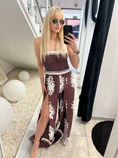 NB622 Kombinezon Tuba Wzory Rozcięta Nogawka Brązowo-Biały