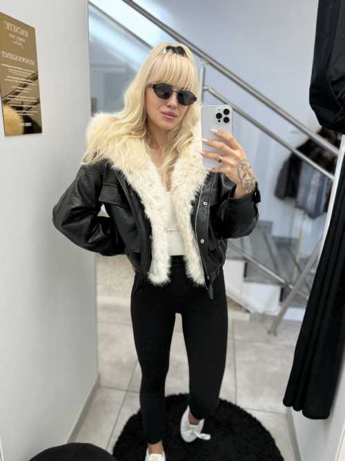 DM689 Kurtka Skórzana z odpinanym Kołnierzem z Futerka Czarna