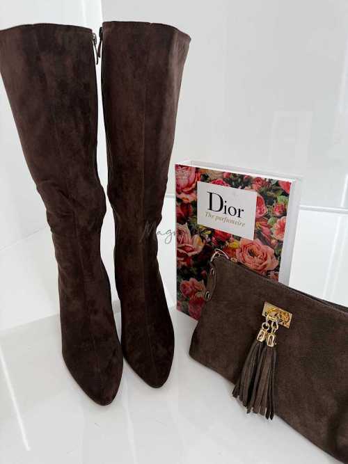 B704 Buty Kozaki Damskie Zamszowe Obsas Słupek Czekolada