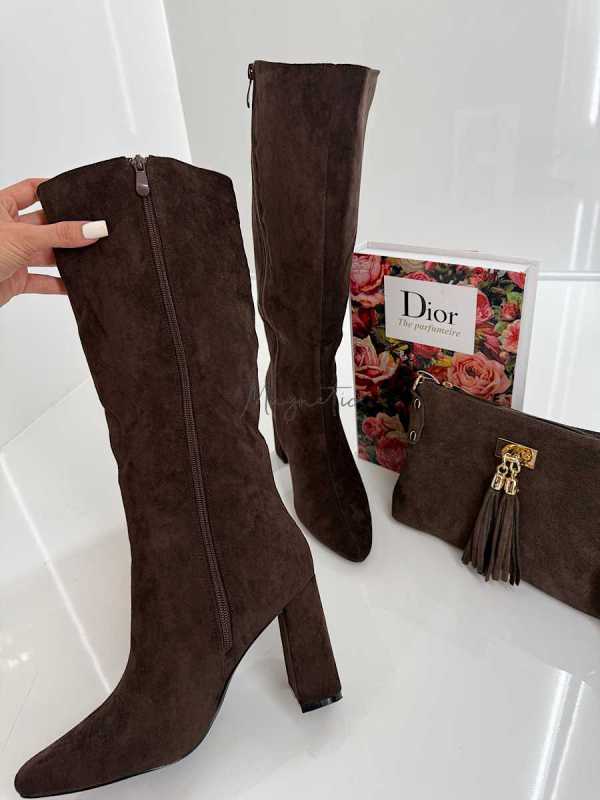 B704 Buty Kozaki Damskie Zamszowe Obsas Słupek Czekolada