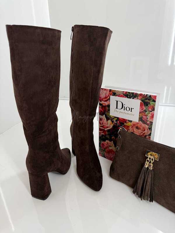 B704 Buty Kozaki Damskie Zamszowe Obsas Słupek Czekolada