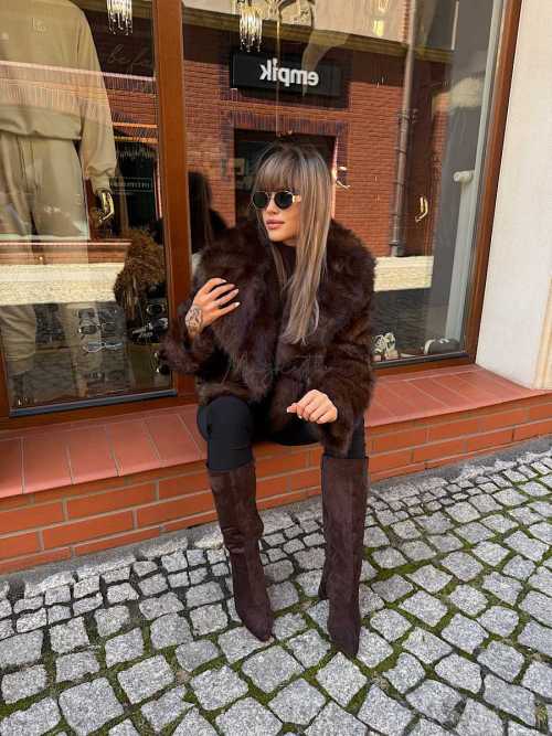 B704 Buty Kozaki Damskie Zamszowe Obsas Słupek Czekolada