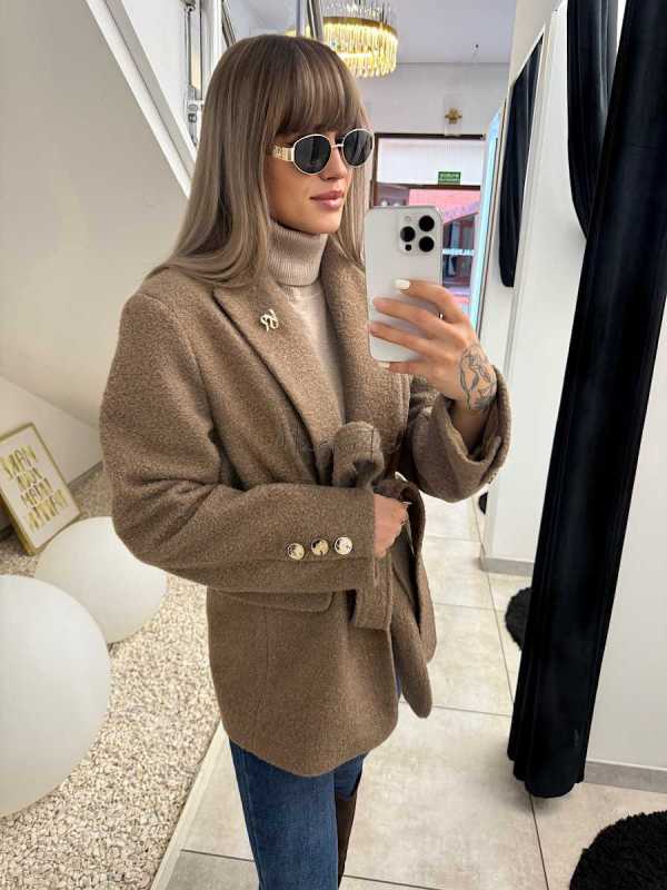 VS718 Krótki Płaszczyk / Marynarka typu Boucle 50% Wełna Ciemny Beż