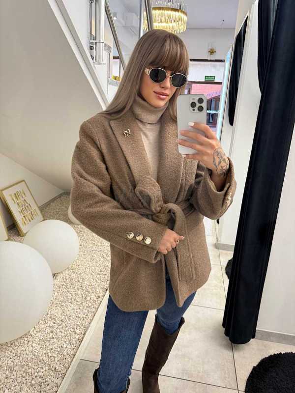 VS718 Krótki Płaszczyk / Marynarka typu Boucle 50% Wełna Ciemny Beż