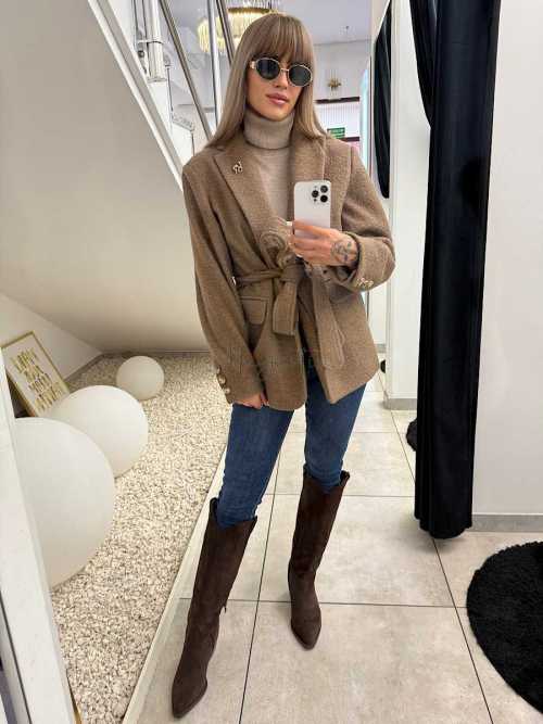 VS718 Krótki Płaszczyk / Marynarka typu Boucle 50% Wełna Ciemny Beż