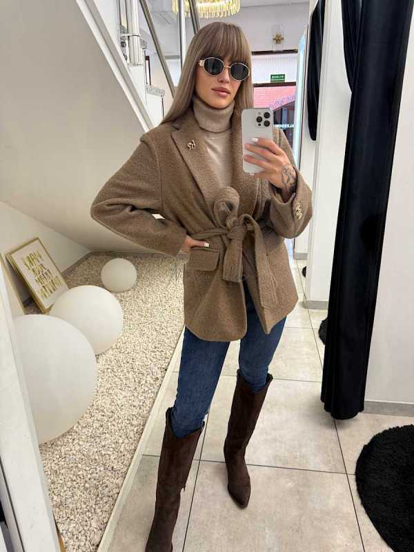 VS718 Krótki Płaszczyk / Marynarka typu Boucle 50% Wełna Ciemny Beż