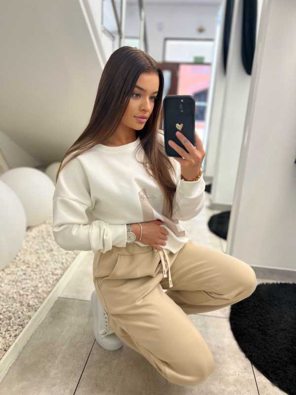 NB630 Komplet Dresowy Masełkowy LA Biało-Beżowy