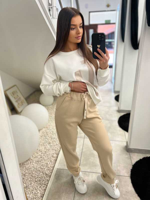 NB630 Komplet Dresowy Masełkowy LA Biało-Beżowy