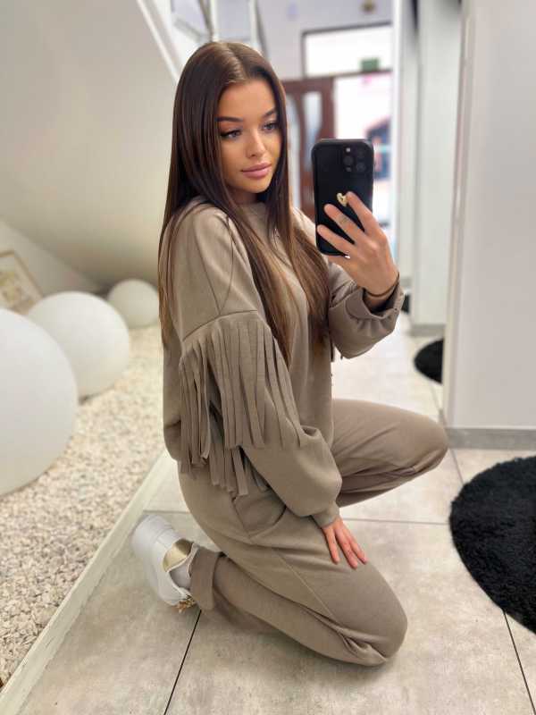 NB680 Komplet Dresowy Masełkowy Frędzlami Mocca