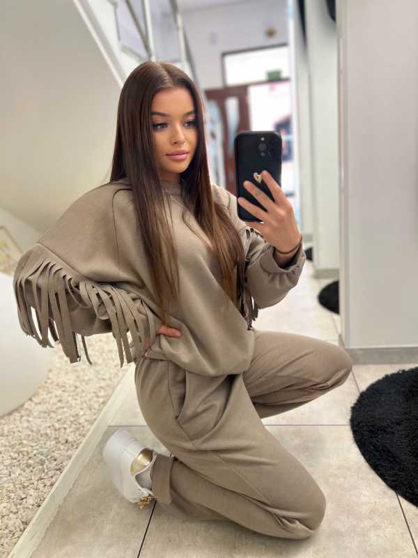 NB680 Komplet Dresowy Masełkowy Frędzlami Mocca