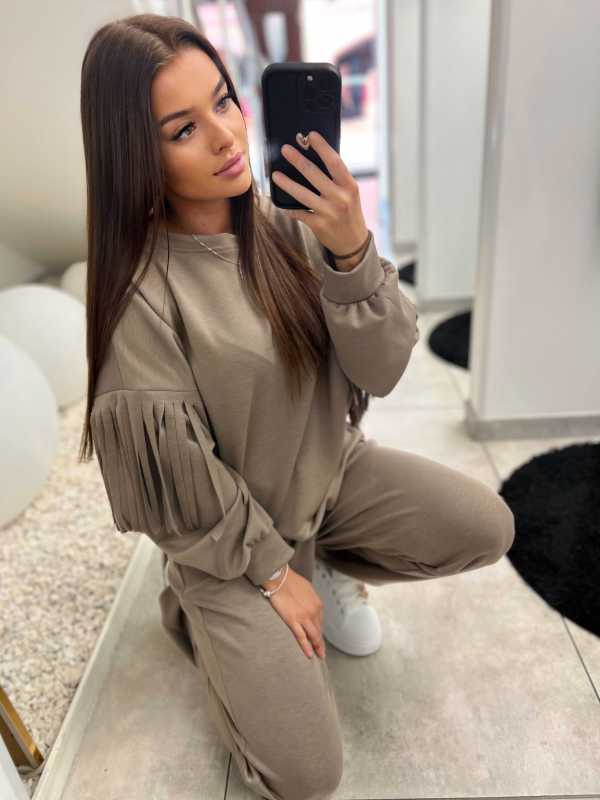 NB680 Komplet Dresowy Masełkowy Frędzlami Mocca