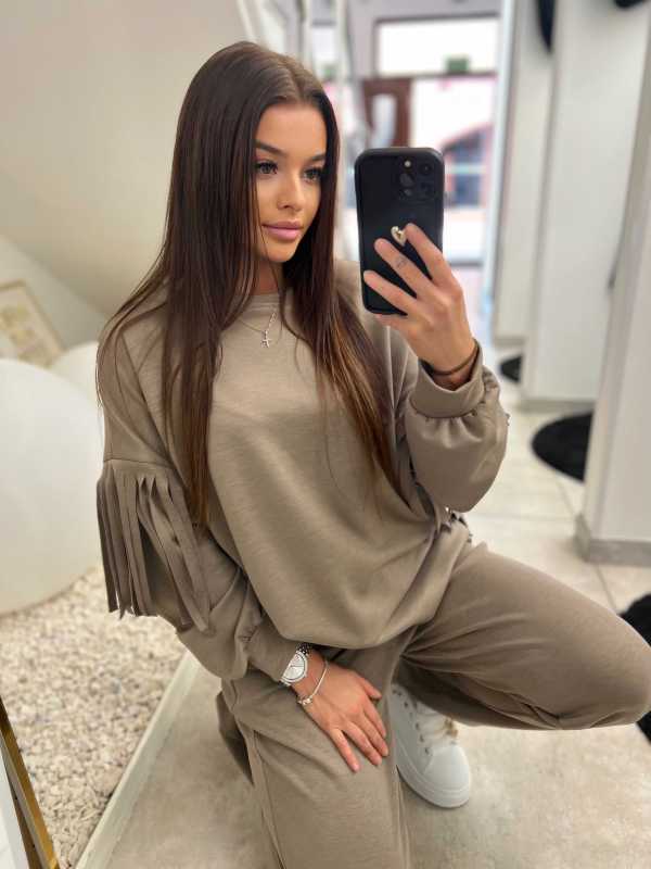 NB680 Komplet Dresowy Masełkowy Frędzlami Mocca