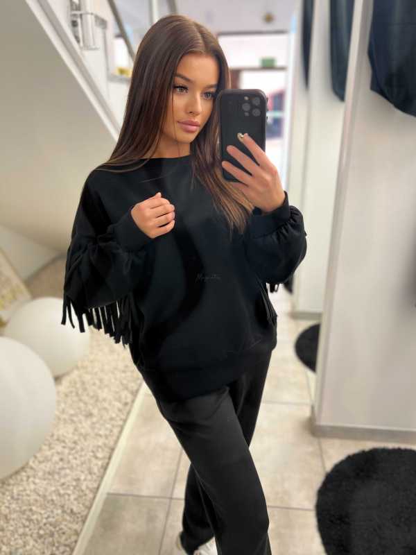 NB680 Komplet Dresowy Masełkowy z Frędzlami Czarny