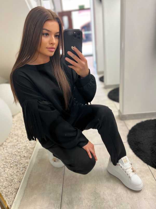 NB680 Komplet Dresowy Masełkowy z Frędzlami Czarny