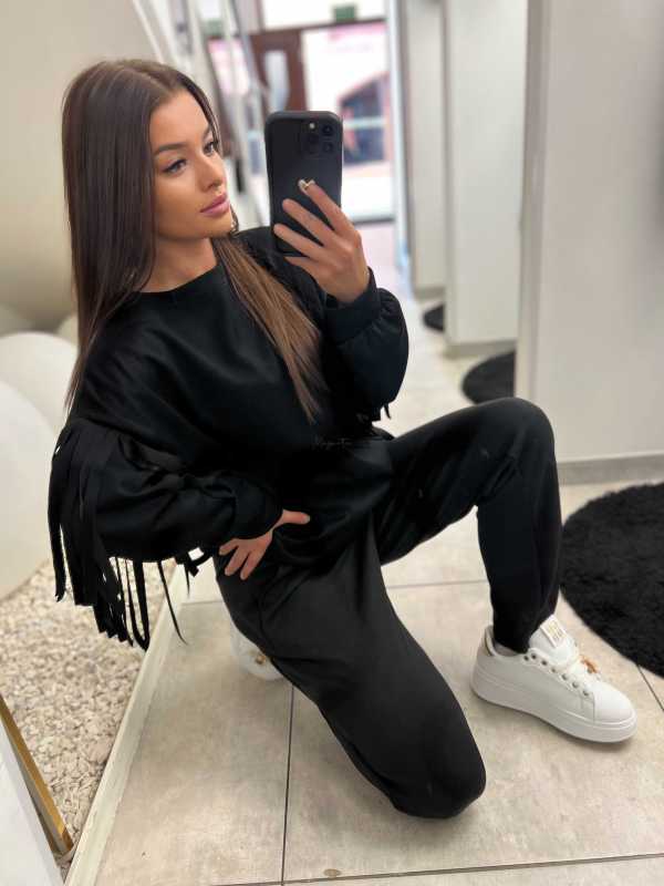 NB680 Komplet Dresowy Masełkowy z Frędzlami Czarny