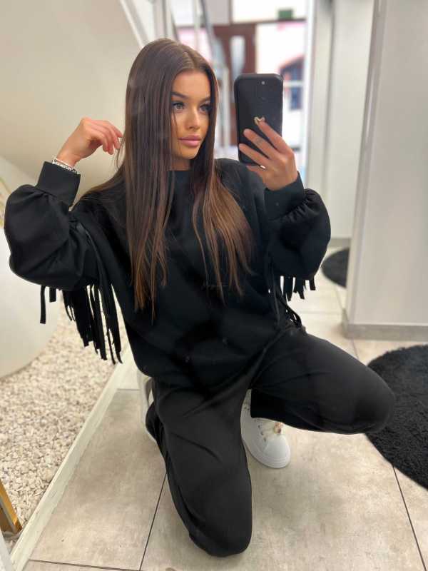 NB680 Komplet Dresowy Masełkowy z Frędzlami Czarny