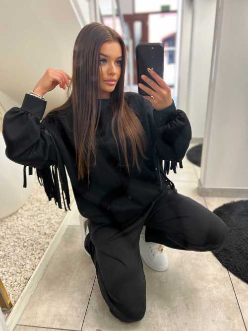 NB680 Komplet Dresowy Masełkowy z Frędzlami Czarny