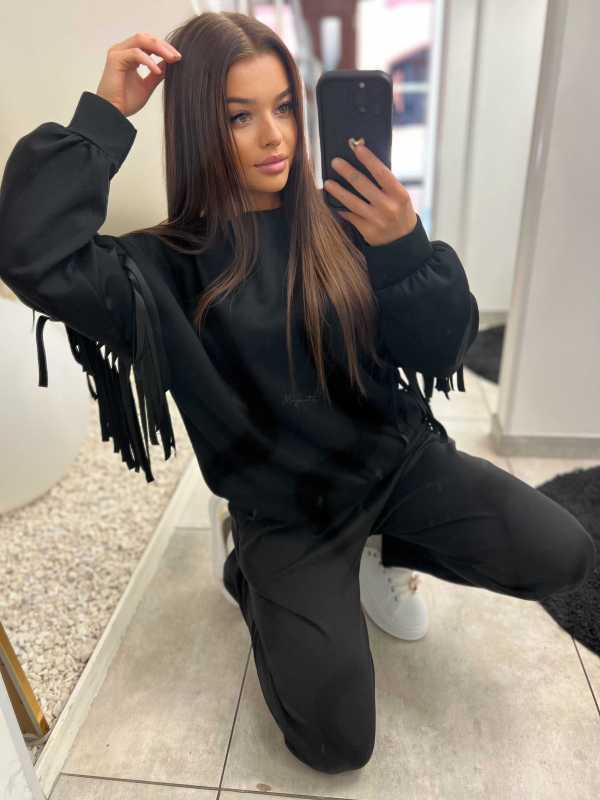 NB680 Komplet Dresowy Masełkowy z Frędzlami Czarny