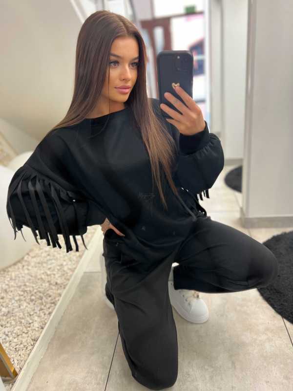 NB680 Komplet Dresowy Masełkowy z Frędzlami Czarny