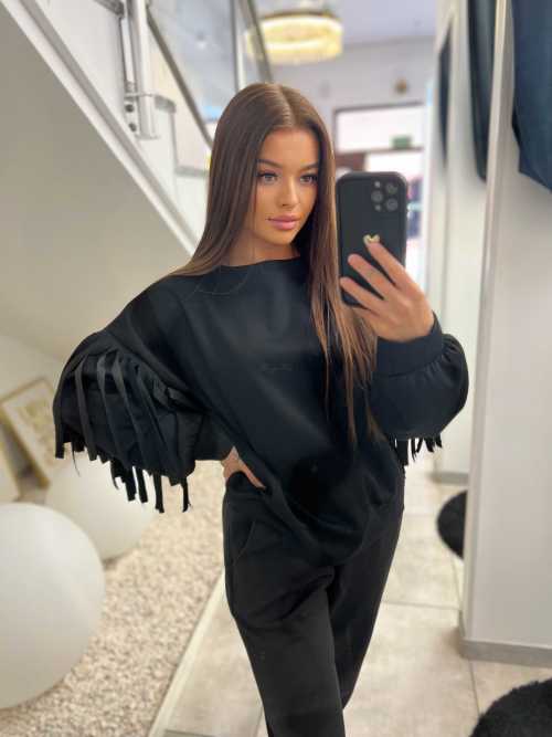 NB680 Komplet Dresowy Masełkowy z Frędzlami Czarny