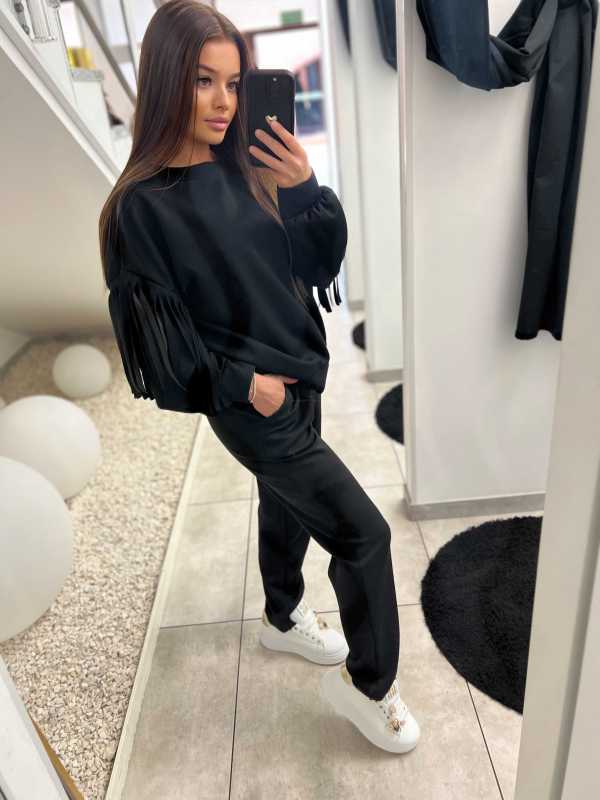 NB680 Komplet Dresowy Masełkowy z Frędzlami Czarny