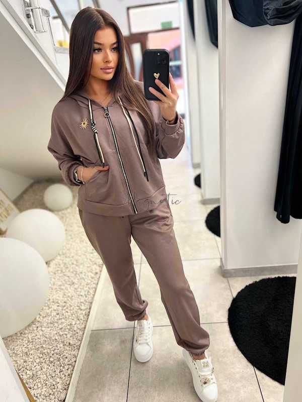 NB681 Komplet Dresowy Masełkowy Bluza na Zamek Mocca