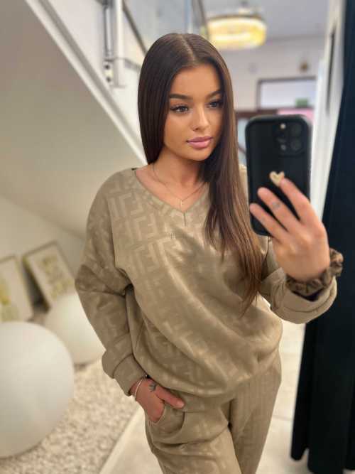 NB683 Komplet Dresowy Masełkowy Wytłaczany Mocca