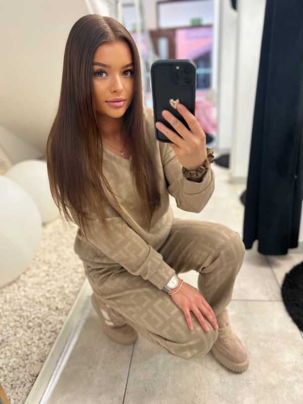 NB683 Komplet Dresowy Masełkowy Wytłaczany Mocca