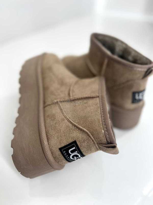 L754 Botki Śniegowce Damskie Ocieplane Kożuszkiem Beżowe