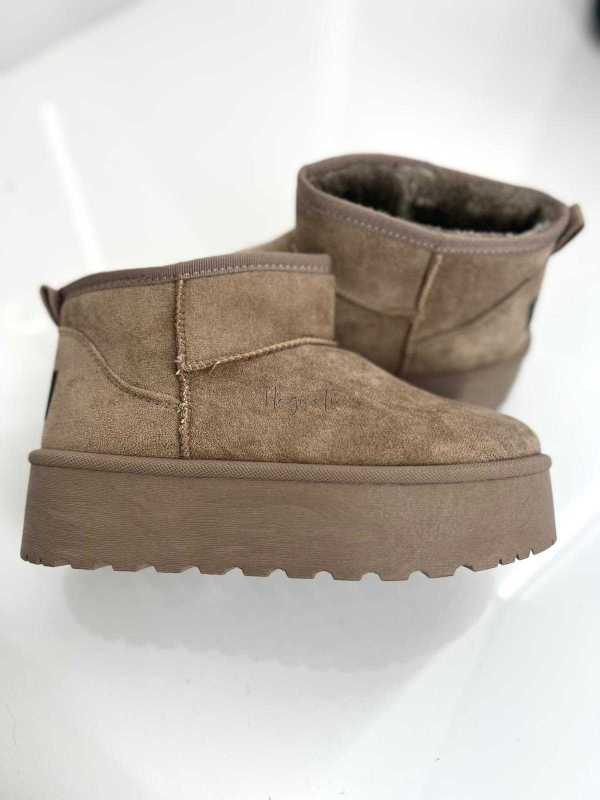 L754 Botki Śniegowce Damskie Ocieplane Kożuszkiem Beżowe