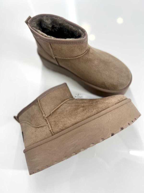 L754 Botki Śniegowce Damskie Ocieplane Kożuszkiem Beżowe