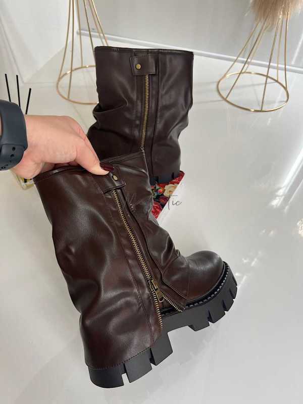 B753 Botki Workery Damskie ZIP Czekolada