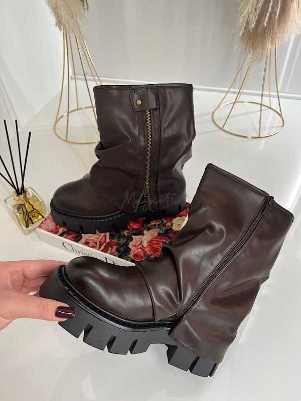 B753 Botki Workery Damskie ZIP Czekolada