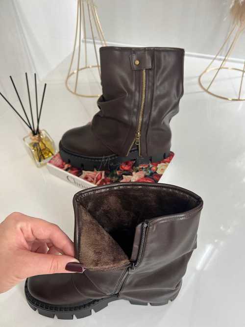 B753 Botki Workery Damskie ZIP Czekolada