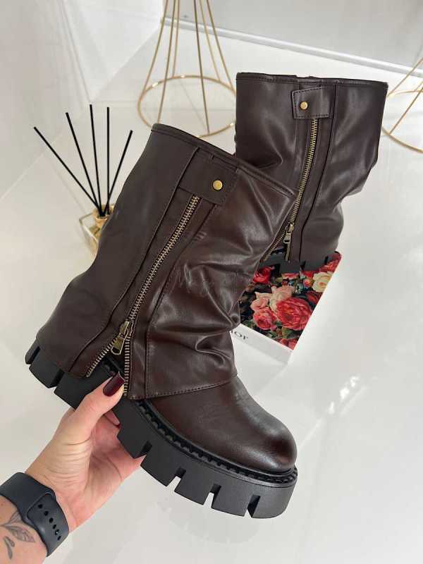 B753 Botki Workery Damskie ZIP Czekolada
